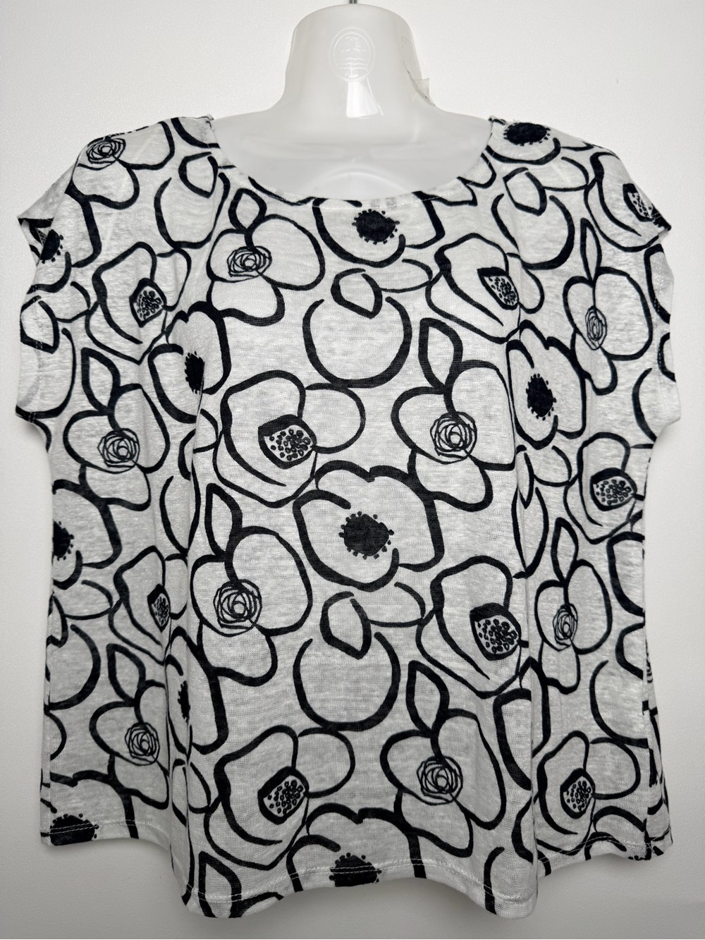 Tahari White Black Floral Abstract Print 100% Linen Boxy Blouse Top Women M/L